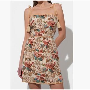 Adelyn Rae Cindy Floral Tapestry Mini Dress Beige Tassel Velvet Straps XL NEW